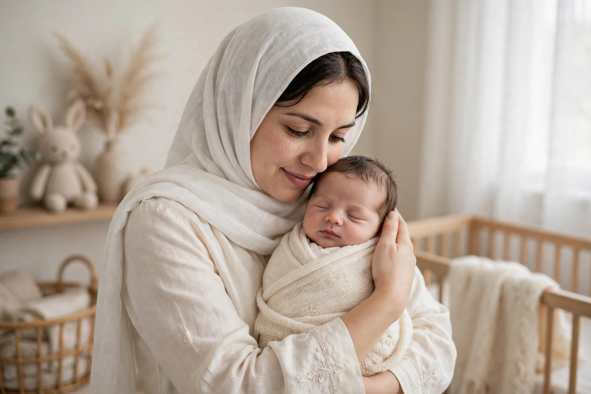 أم عربية تحتضن مولودها الجديد بحنان