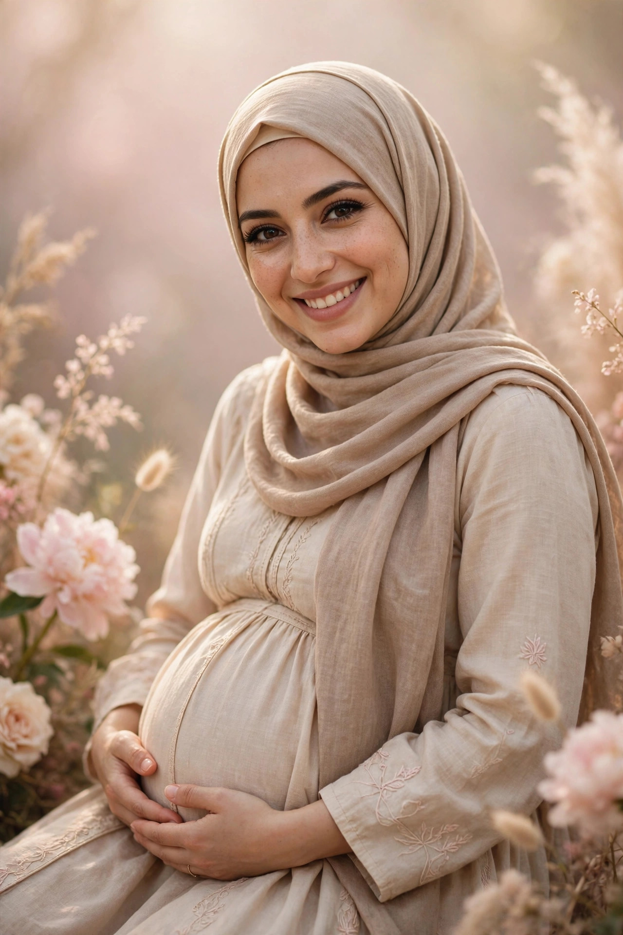 Smiling pregnant Arab woman holding her baby bump