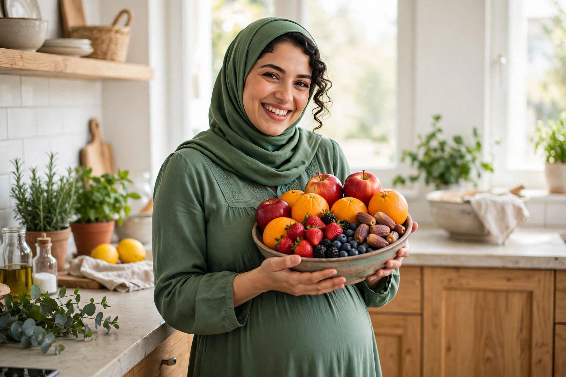 حامل عربية تتناول فواكه طازجة مفيدة للحمل