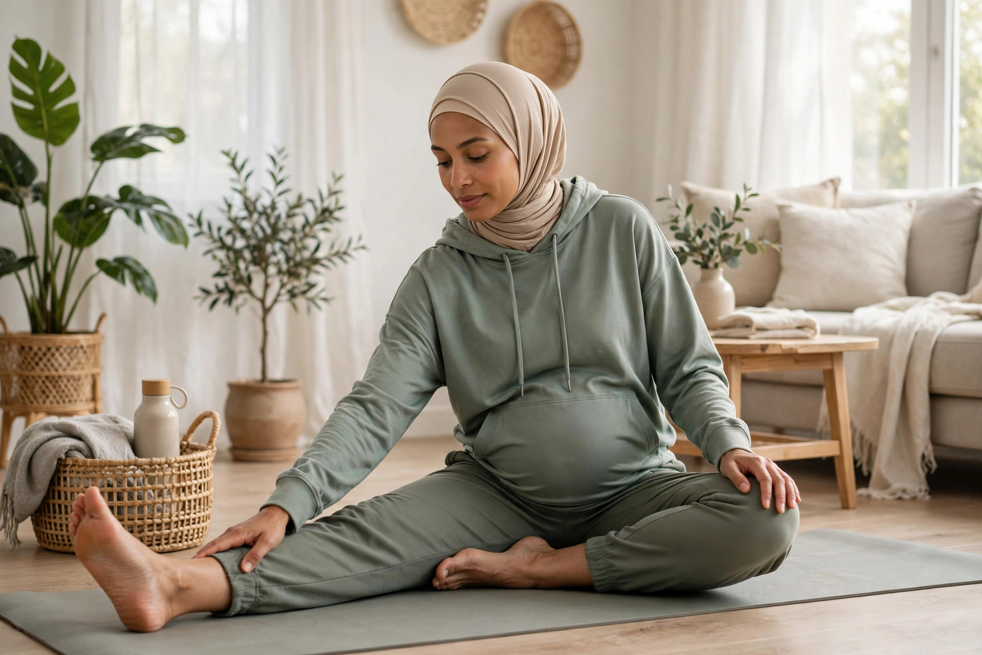 حامل تمارس تمارين التمدد اللطيفة الآمنة أثناء الحمل